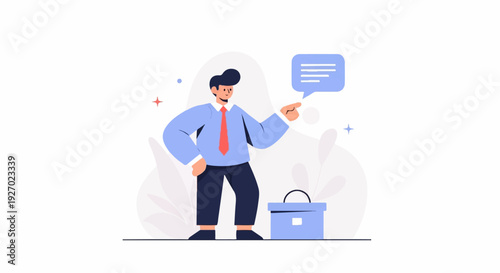 Cartoon man in suit pointing at speech bubble next to briefcase