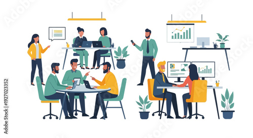 Diverse group of professionals collaborating in modern office setting.