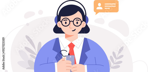 Friendly person in headset and glasses, holding smartphone with chat bubble
