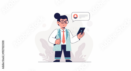 Friendly doctor with glasses, tie, and lab coat uses a smartphone, with a chat bubble above