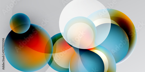 Abstract composition featuring overlapping translucent spheres. Colors blend, creating vibrant gradients, against dark background.