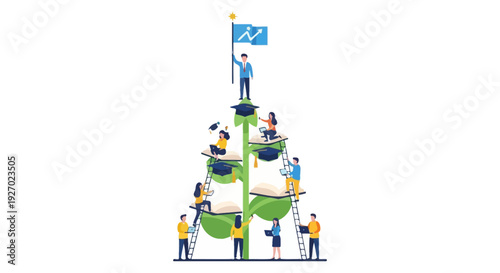 Career Growth Ladder: People Climbing the Educational Success Tree of Books and Graduation Caps towards Achievement and Professional Development.
