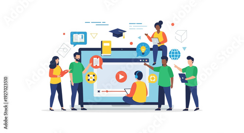 E-learning and Online Education Teamwork Concept. Diverse Students Watching Video Course on Large Digital Screen.