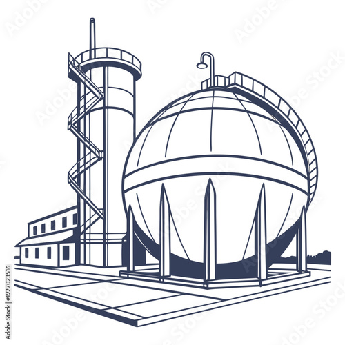 Industrial facility with a large spherical tank and cylindrical structure