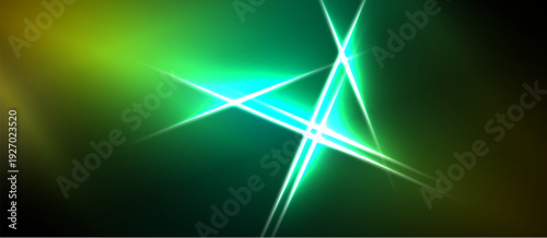Abstract vibrant green light streaks intersect. Dark background creates dramatic visual effect. Brightness emphasizes energy, motion.