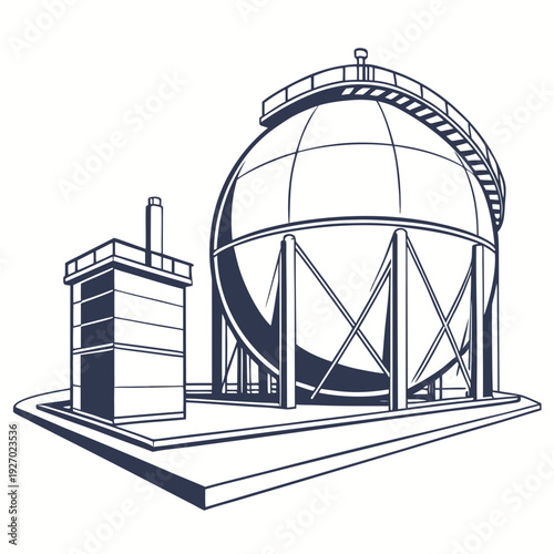 A large metal dome structure next to a small building