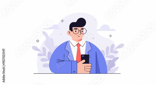 Wallpaper Mural A person in a suit and tie holding a smartphone with a minimalist plant and cloud background Torontodigital.ca