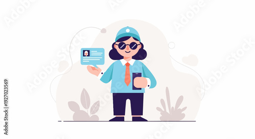 Illustrated person holding an ID card and a phone, wearing a cap and tie