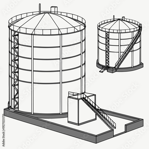 A large metal grain silo with a smaller silo