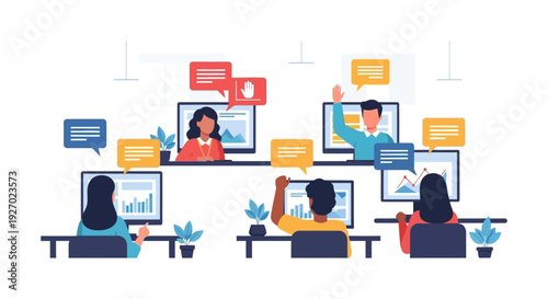 Online Virtual Meeting, Webinar, or Remote Class. Diverse Business Team Collaboration on Video Conference with Chat and Raised Hands for Q&A.