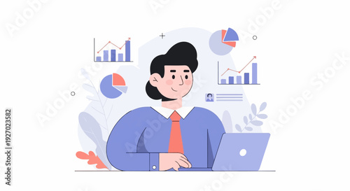 Animated individual analyzing charts and graphs on a laptop, working with data