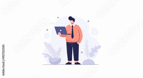 A man in an orange shirt and tie holds a laptop, standing near potted plants