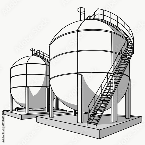 Industrial tanks with staircase and catwalk