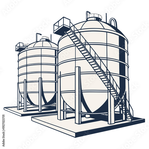 Industrial storage tanks with ladder and framework