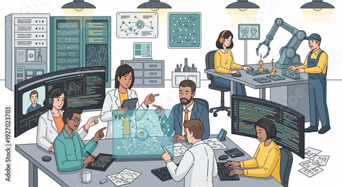 Diverse team collaborating on advanced technology project in modern laboratory setting.