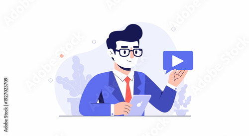 Businessman in suit holding tablet and play button bubble