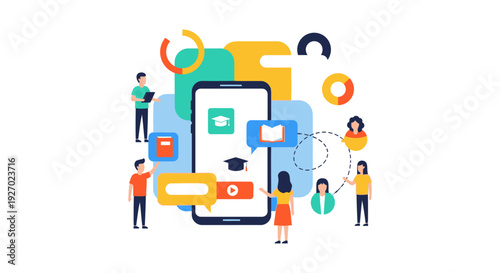 Online Education and Mobile E-learning App Concept with Students. Virtual Classroom and Remote Course Access Flat Vector Illustration.