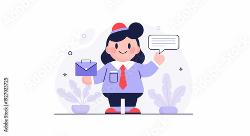 Cheerful character with briefcase, speaking bubble, and plants in minimalist style