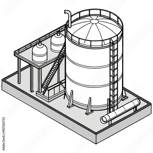 A large cylindrical tank with a platform and barrels