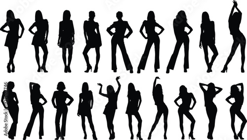 Fashion woman silhouette collection with stylish female poses, black glamour figures set, beauty, confidence and modern lifestyle concepts