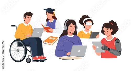 Inclusive Education and Diverse Learning Group Illustration. People with Disabilities, Students, and Remote Workers Using Technology.