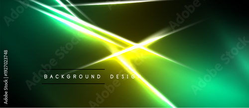 Abstract neon lines intersect over dark green, yellow gradients. Modern background design with bright illumination effects.