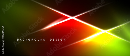 Abstract vibrant background. Diagonal lines intersect, creating dynamic light effects. Colors blendyellow, red, greenover black space.