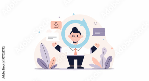 Cheerful person with arms outstretched surrounded by a circular arrow and speech bubbles