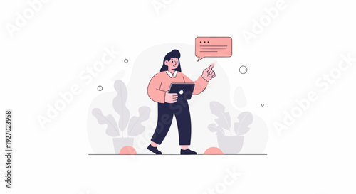 Person holding tablet, pointing to chat bubble, with plants in background