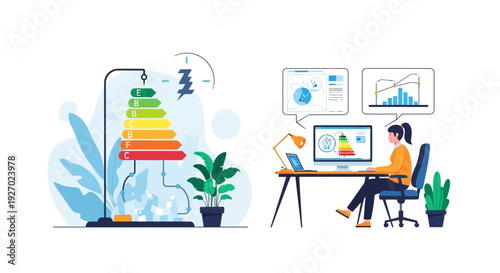 Energy efficiency rating and business analytics illustration.