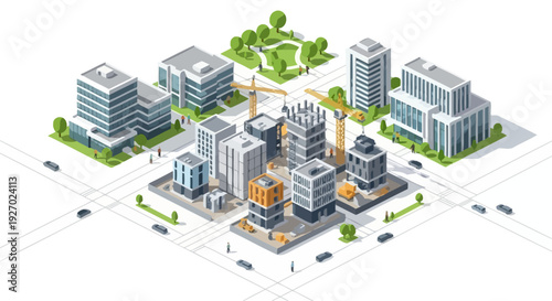 Isometric Cityscape with Modern Buildings and Construction.