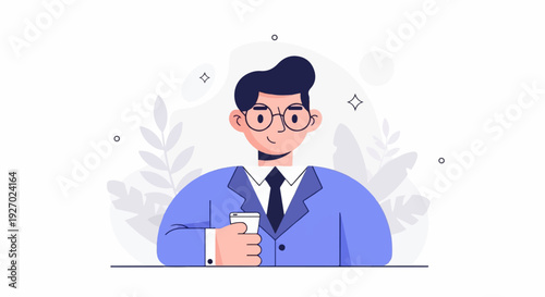 Stylized man in a blue suit, wearing glasses, holds a cup, with abstract foliage in the background