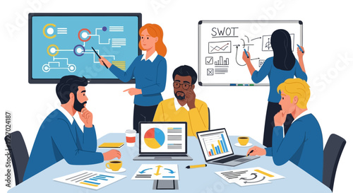 Diverse team collaborating in a modern office meeting.