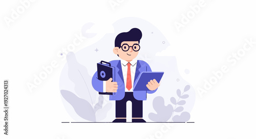 Cheerful man in blue suit and tie with glasses holds tablet and briefcase, surrounded by abstract shapes