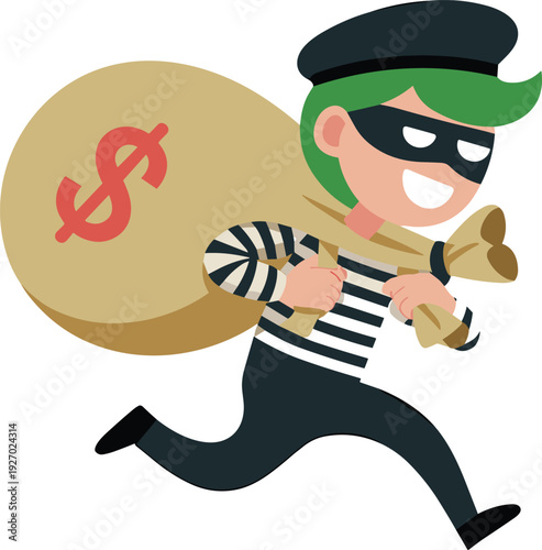 Cartoon thief running with money bag vector illustration robber character stealing cash crime concept masked burglar escape design