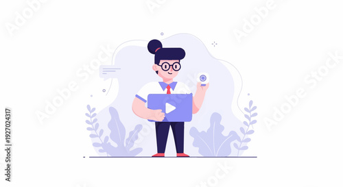 Enthusiastic individual holding a play button laptop and camera, with plants and chat bubble