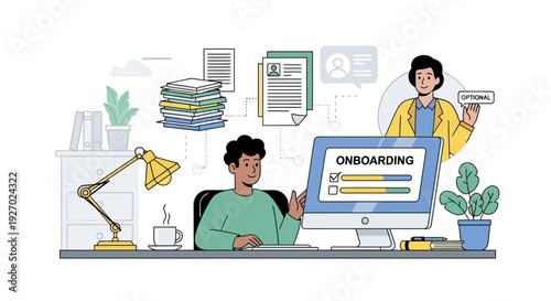 Man working on computer with onboarding process.