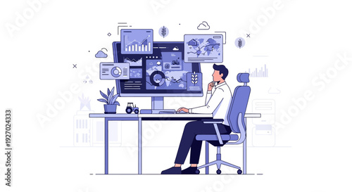 Man working on computer with multiple screens displaying data.