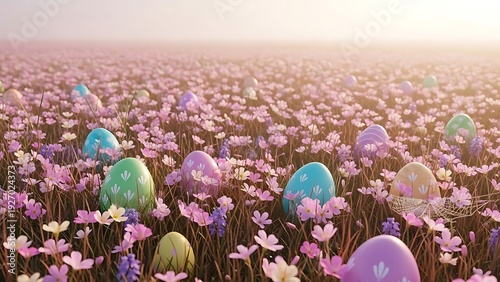 Easter monday celebration colorful easter eggs in a vibrant flower field