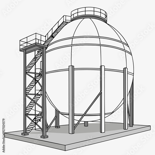 A large metal sphere on a concrete base with a staircase