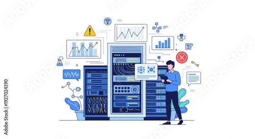 IT professional managing server rack in data center with analytics.