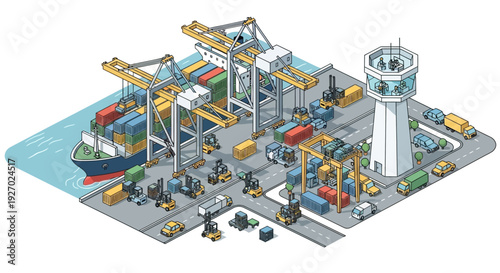 Isometric Container Ship Loading and Unloading at Port.
