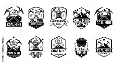 Collection of coal mine emblems with pickaxes and mountain silhouettes, vintage style.