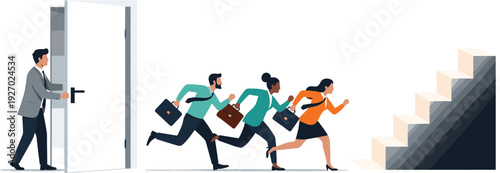 Business people rushing up stairs in race to success after opening door to opportunity vector illustration