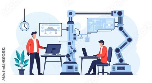 Engineers Working With Advanced Robotic Arm Technology.