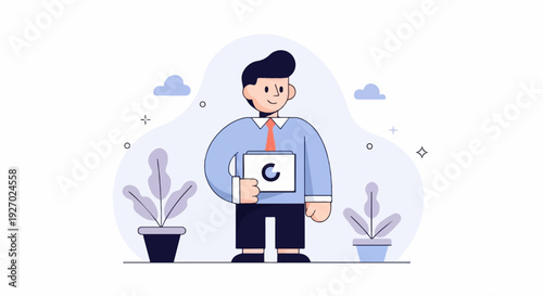 Business man in blue shirt and tie holds a tablet with a letter G on screen, flanked by potted plants