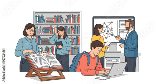 Diverse group of people engaged in learning and research activities.