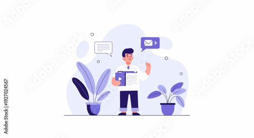 A man holding a folder gestures while standing between two potted plants with speech bubbles above