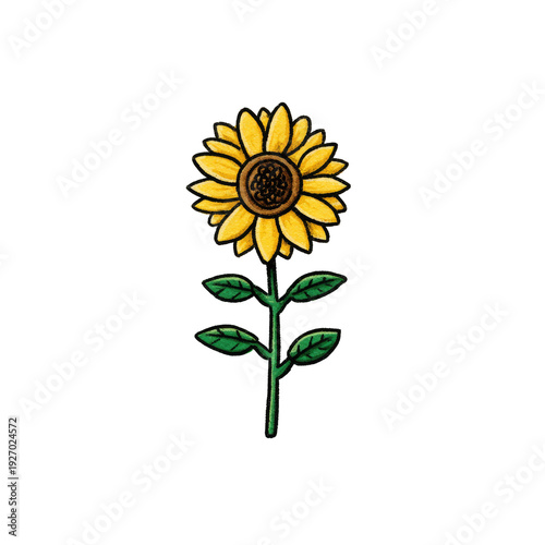 Cartoon sunflower with yellow petals, brown center, green stem and leaves on black