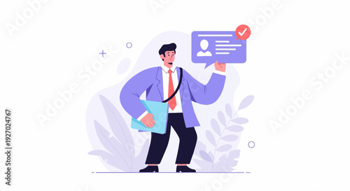 Confident professional holding a notification speech bubble with a checkmark, carrying a satchel